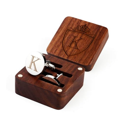Mens Initial Silver Cufflinks A-Z Alphabet Letter Steel Cuff Links with Engraved Walnut Wood Box Groom Groomsman Wedding Set… - style: K