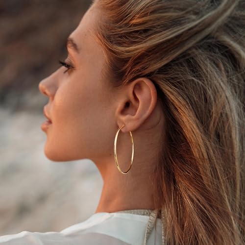 Gold Hoop Earrings for Women 14K Gold Plated | 925 Sterling Silver Post Hypoallergenic Hoop Earrings - color: Gold, size: 50mm
