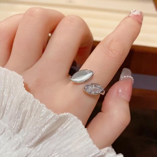 NewZenro Dainty Cat's Eye Marquise Cut Cubic Zirconia Open Ring for Women Gold/Silver Plated Fashion Crystal Geometry Adjustable Stackable Wedding Finger Band Promise Rings Comfort Fit Trendy Jewelry - color: Silver