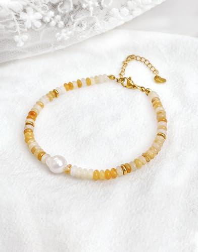 Gemstone Beaded Bracelets with Freshwater Pearl | Crystal Beaded Bracelet Boho Natural Stone Trendy Jewelry Gifts - color: Yellow