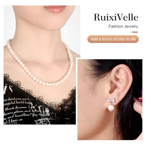 Freshwater Cultured Pearl Necklace Set Includes Cute Bow Pearl Earrings Jewelry for Women - size: 8 to 9mm