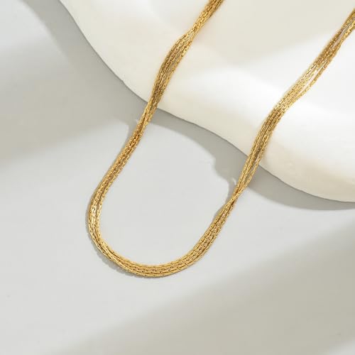 18K Gold Plated Layered Herringbone Necklaces for Women Dainty Layering Beaded Snake Chain Choker Moon Coin Pendant Necklace Trendy Stainless Steel Jewelry - color: Four Wire-Gold