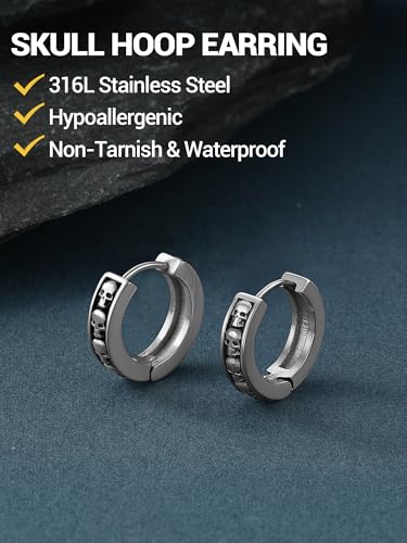PROSTEEL Stainless Steel Huggie Hoop Earrings for Mens Gold/Black/Silver | Skull/Infinity Pattern, Spike/Cuban Links 4 Design Options Hypoallergenic Lightweight Earring Hip Hop Punk Gothic Jewelry - style: Skull-Silver
