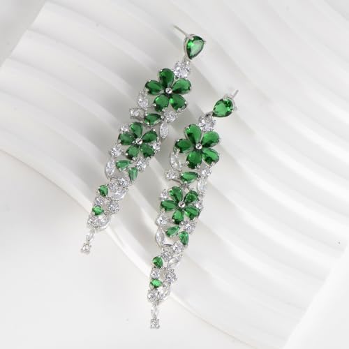 CZ Bridal Earrings for Wedding - 14k Plated Sterling Silver Elegant Teardrop Cubic Zirconia Crystal Rhinestone Floarl Leaf Cluster Chandelier Statement Dangle Drop Earrings for Bride Bridesmaids Party - color: Green Flower - Silver