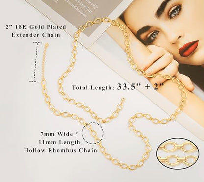 Aobei Pearl 18K Gold or Platinum Long Chain Necklace for Women Chunky Statement Chain Link Necklace Adjustable Geometric Open Chain Layering Jewelry - color: Gold Oval Chain