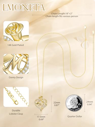 14k Gold Heart Initial Necklaces for Women, Dainty Letter Pendant Chain Necklace, Letter A to Z Initial Jewelry, Anniversary Birthday Gifts for Her Wife Mom Daughter - style: Letter M