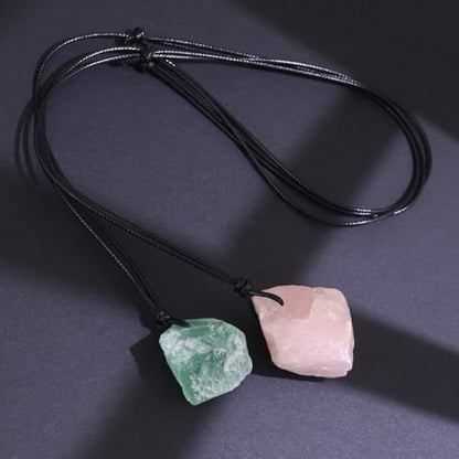 Natural Raw Crystal Necklace for Women Irregular Stone Necklaces Spiritual Gemstone Pendant with Adjustable Rope - color: E-Green Fluorite+Rose Quartz