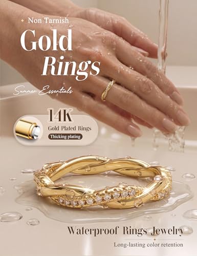 LOLIAS 14K Gold Plated Rings for Women Engagement Eternity Wedding Bands | Non Tarnish Love Promise Rings for Her Cubic Zirconia Stackable Rings for Women Statement Thumb Rings Stacking Size 6-10 - style: Twisted Rope Bands-14K Gold Plated