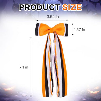 2PCS Halloween Long Tail Hair Bow Clips Grosgrain Sequins | Grosgrain Fabric, Sequin Strands, Alligator Clip with Fabric Wrap, Ponytail Styling, Halloween Party Photography Accents - color: Orange & Black