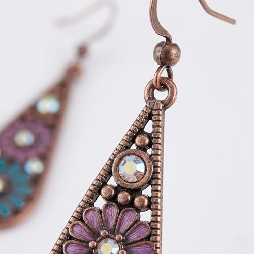 Bohemian Crystal Teardrop Dangle Earrings, Copper, Tribal Geometric Design, Handmade National Style for Women - color: Blue