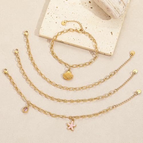 10 PCS Bracelets for Women Stainless Steel Chain Link Bracelet Set | 6.7 Inches with Extender, Jewelry Gifts for DIY, Chains Bulk, Oval, Curb, Figaro Chains, 18K Gold Plated, Silver, Chunky - color: Cable Gold