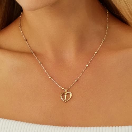 Cicy Bell Womens Heart Initial Necklace 18k Gold Plated | Personalized Letter Pendant, 17.7'' with 2'' Extender - color: Style 2-J-Gold