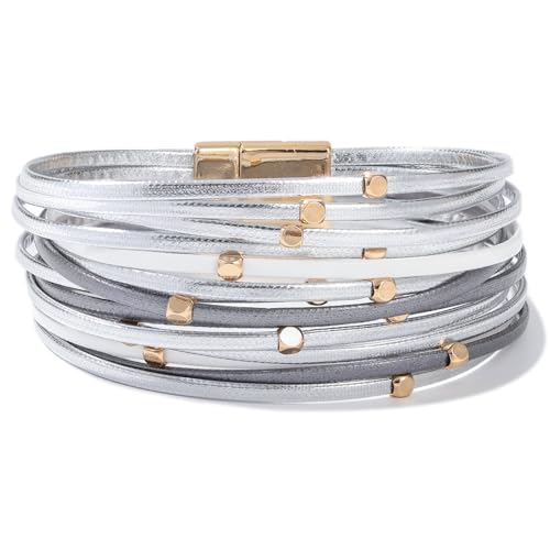 Stackable Beaded Leather Wrap Bracelet Boho Western Country Beach Jewelry | Layered Bead Stack Multi Strand Magnetic Clasp Cuff Bangle Bohemian Hippie Cowgirl Fashion Summer Vacation Outfits for Women - color: Silver