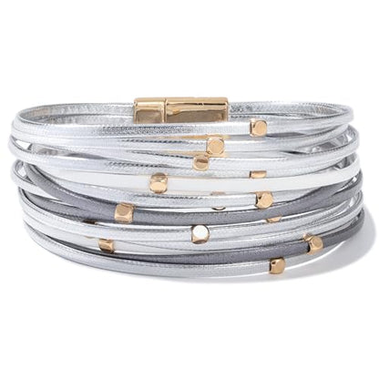 Stackable Beaded Leather Wrap Bracelet Boho Western Country Beach Jewelry | Layered Bead Stack Multi Strand Magnetic Clasp Cuff Bangle Bohemian Hippie Cowgirl Fashion Summer Vacation Outfits for Women - color: Silver