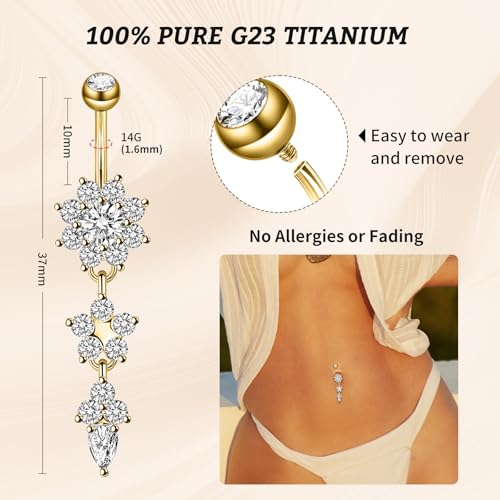 1PC 14G Belly Button Rings G23 Titanium Dangle Belly Piercing Navel Rings CZ Curved Barbell Internally Threaded Dangling Belly Jewelry for Women - color: B-Gold