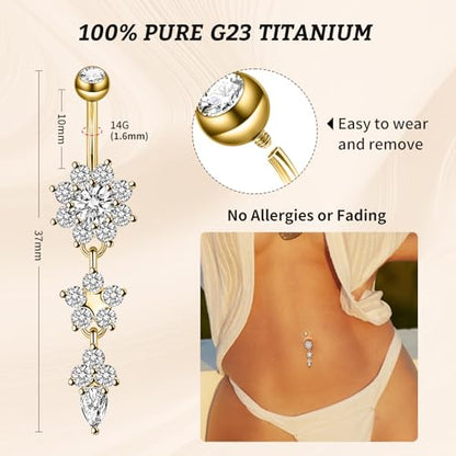 1PC 14G Belly Button Rings G23 Titanium Dangle Belly Piercing Navel Rings CZ Curved Barbell Internally Threaded Dangling Belly Jewelry for Women - color: B-Gold