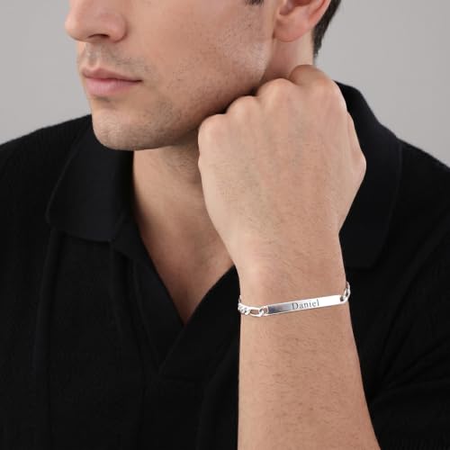 LeCalla Personalized Customised Engraved Name Men's Figaro Chain ID Bracelet in 925 Sterling Silver Personalized Custom Birthday Christmas Fathers Day Jewelry Gift for Dad Husband - color: Thickness 5.5 mm