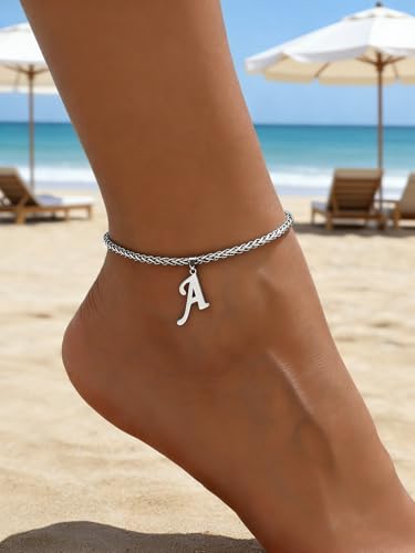 Silver Anklet Women's Initial Dainty Chain with Letter Ankle Bracelet Foot Jewelry Stainless Steel for Beach, Vacation & Casual Wear
