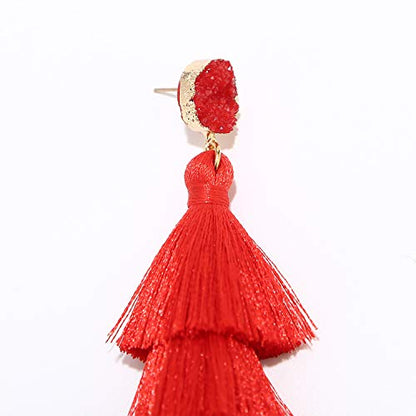 Bohemian Tiered Tassel Earrings with Druzy Stud for Women | Long Layered Fringe Drop Earrings, Statement Jewelry for Party Beach Festival - color: Red