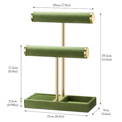 bussdis 2 Tier Bracelet Holder Display, Necklace Holder Organizer, Green | Velvet Necklace Holder | Jewelry Tree | Jewelry Towers | Jewelry Stand Organizer for Necklaces, Bracelets, Earrings, Rings - color: Green