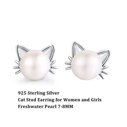 Han han Pearl Stud Earrings for Women 925 Sterling Silver, Pearl Jewelry Gift for Women 8MM-13MM - style: F-Cat Pearl Studs-8mm