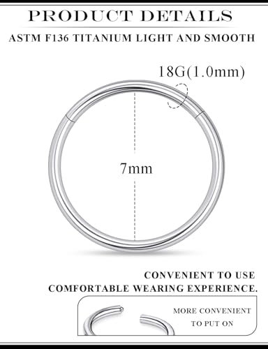 20G 18G 16G 14G 12G 10G 8G 6G 4G 2G Nose Rings Hoops Astm F136 Titanium Clicker Septum Lip Ring Tragus Helix Daith Rook Conch Snug Cartilage Lobe Earrings Hoop Piercing Jewelry For Women Men - size: 18G-7MM