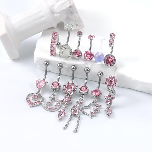 14G Dangle Belly Button Ring Piercing Jewelry 316L Stainless Surgical Steel Heart Flower CZ Reverse Navel Rings Dangling Belly Button Ring Piercing Jewelry for Women 14 Gauge Hypoallergenic - style: 12Pcs Pink