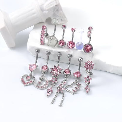 14G Dangle Belly Button Ring Piercing Jewelry 316L Stainless Surgical Steel Heart Flower CZ Reverse Navel Rings Dangling Belly Button Ring Piercing Jewelry for Women 14 Gauge Hypoallergenic - style: 12Pcs Pink