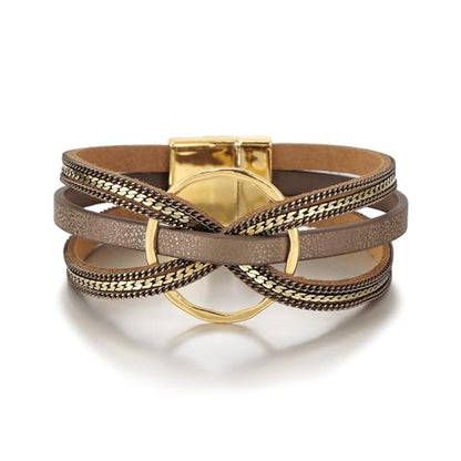 Edoneery Leather Wrap Bracelets for Women, Boho Layered Cuff Bangle | Multi-layer Leather Cuff, Daily wear, Stackable Bangle, Easy on-off, Western Jewelry Gifts for Women - color: Brown-5
