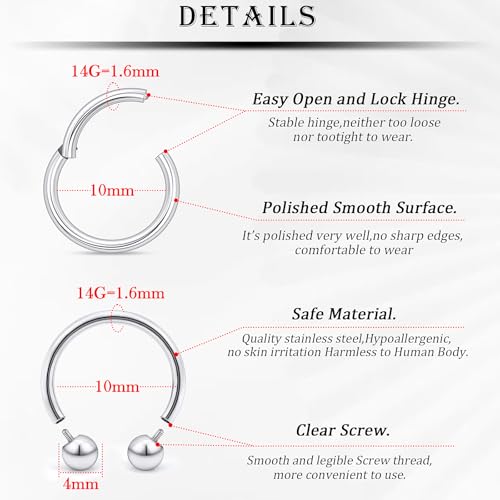 18G-2G Septum Rings 316L Surgical Steel Horseshoe Gauges Earrings Septum Nose Ring Silver Cartilage Helix Tragus Daith Rook Earring Hoop Lip Piercing Jewelry for Women Men - style: 14G(1.6mm)-Dia:10mm