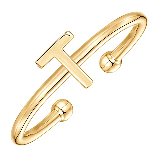 PAVOI 14K Gold Plated Initial Letter Ring for Women, Adjustable Band | Thin Initial Band - Dainty Fashion Jewelry Gifts - style: - T