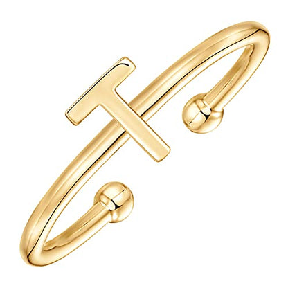 PAVOI 14K Gold Plated Initial Letter Ring for Women, Adjustable Band | Thin Initial Band - Dainty Fashion Jewelry Gifts - style: - T
