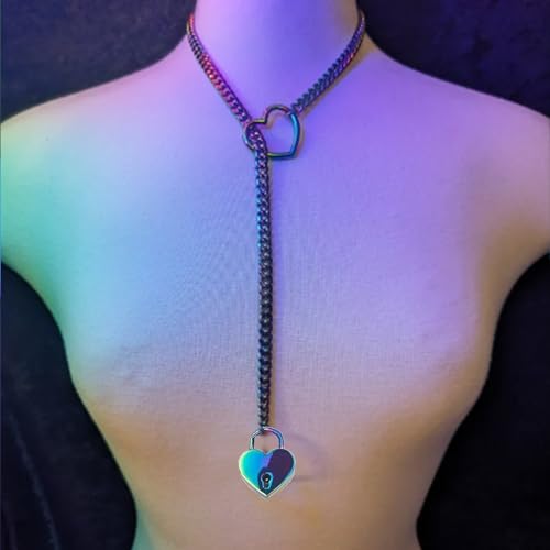 Heart O Ring Slip Chain Choker Necklace for Women Men Stainless Steel Cuban Chain Y-shape Necklaces Punk Rock Collar Adjustable Lariat Y Necklace Prom Necklaces Jewelry - color: Multicolor lock