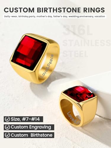 KeyStyle Square Gemstone Signet Rings for Men, Personalized Stainless Steel Pinky Ring with Black Onxy Blue Topaz Birthstone Statement Ring - color: Gold - Custom Stone - 15mm