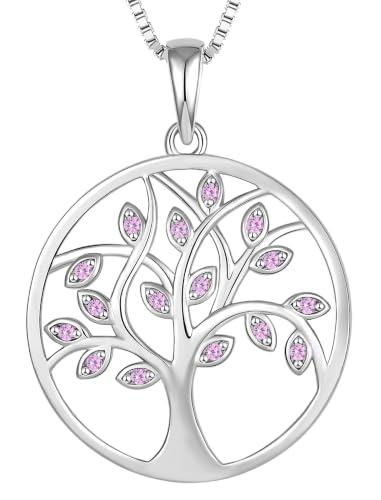 YL 925 Sterling Silver Tree of Life Necklace for Women Round Tree Pendant Birthstone Jewelry for Mom - color: 10-pink tourmaline-Oct