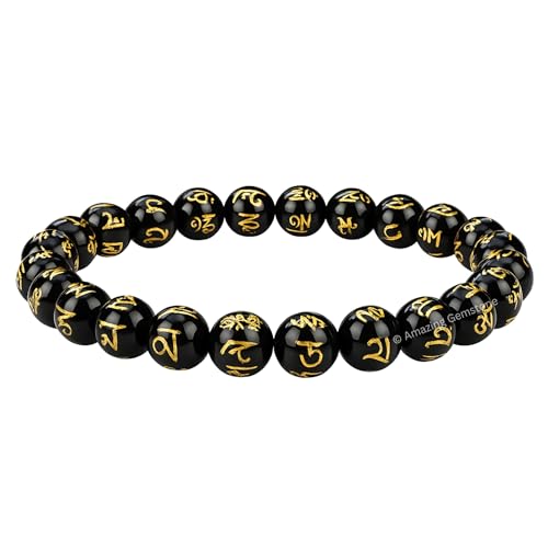 Amazing Gemstone Om Mani Padme Hum Black Agate Crystal Bracelet for Women Men's Gifts - Protection Healing Crystal Bracelet - 8mm Gemstone Beaded Stretchable Bracelet Pulseras Para Hombres Mujer Stocking Stuffers Mothers Day Gift - color: Black Agate (Om