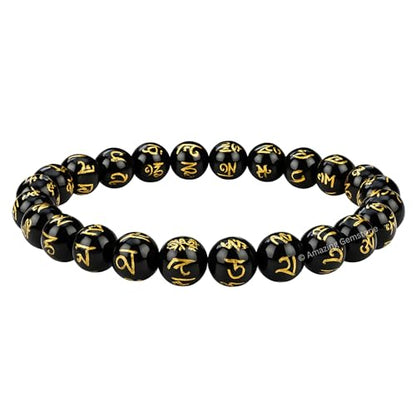 Amazing Gemstone Om Mani Padme Hum Black Agate Crystal Bracelet for Women Men's Gifts - Protection Healing Crystal Bracelet - 8mm Gemstone Beaded Stretchable Bracelet Pulseras Para Hombres Mujer Stocking Stuffers Mothers Day Gift - color: Black Agate (Om