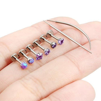 F136 Titanium 20/18/16g Internally Threaded Medusa Monroe Lip Ashley Labret Nose Rings Flat Back Tragus Helix Cartilage Conch Screw Stud Earrings Surgical Steel Piercing Jewelry for Women - color: Purple CZ, size: 18g*1/4in