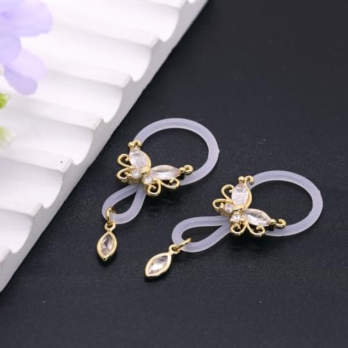 2 Pcs Butterfly Fake Nipple Rings for Women, CZ Nipple Noose Nipple Jewelry Non Piercing Dangle Nipple Ring, Non Pierced Nipple Body Jewelry - color: gold