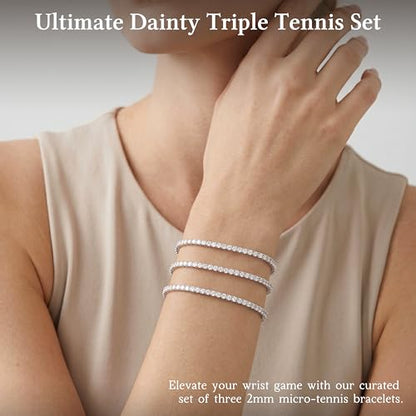 925 Sterling Silver Bracelets for Women Stack, Trendy Tennis Bangle Cuff Jewelry Set 14K Gold Plated, Adjustable Bracelet Set for Wrist Essentials, Women Fashion Watch Band Acecessories - style: Bracelet_3pcs(Silver Tennis Set 2mm)