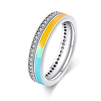 KUNSIR 925 Silver Cubic Zirconia Ring Size 7-9 Wedding Band Sterling Silver Eternity Ring Modern Style - style: Rainbow Ring