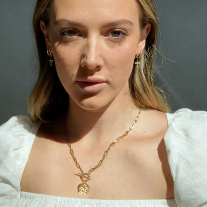18k Gold Plated Chain Link Necklace for Women, Baroque Pearl/Compass Pendant Necklace - color: Iris Flower