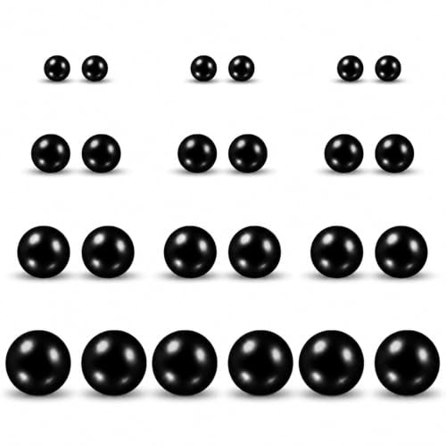12 Pairs Simulated Pearl Stud Earrings Set for Women Men Beige White Black | 4 6 8 10 mm Faux Pearl Earrings Studs Pack, 316L Surgical Stainless Steel, Hypoallergenic for Sensitive Ears - color: Black