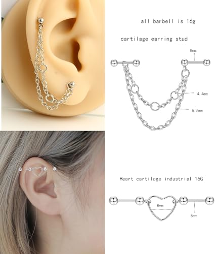 TIANCI FBYJS 7-16pcs 14G Stainless Steel Industrial Piercing Barbell Earring Cartilage Body Jewelry 38mm 1&1/2 Inch Industrial Piercing Bar for Women Men Snake Chain Dangle - color: new set mix color