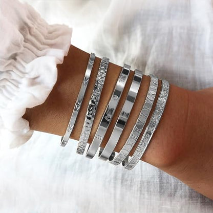 IFKM Gold Bangle Bracelets For Women, 14k Gold Plated Multi Layer Stackable Cuff Bracelet Set, Trendy Elegance Charms Non Tarnish Minimalist Textured Boho Jewelry Gift for Women - style: 6pcs Love silver