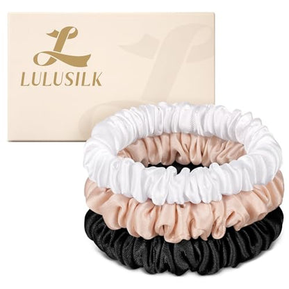 LULUSILK Small Silk Hair Ties No Damage, 100% Real Mulberry Silk, Skinny Scrunchies Ponytail Holders for Thin Fine Hair, Black White and Lotus Pink, Pack of 3 - color: Black&White&Lotus Pink