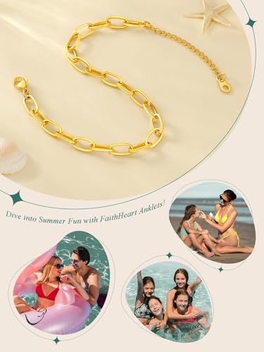 FaithHeart Waterproof Ankle Bracelets for Women, 1/2/3Pcs Non Tarnish Stainless Steel Layered Anklet Set Paperclip Figaro Cuban Link Chain Dainty Summer Beach Jewelry Gift Adjustable Size - style: c.Paperclip - Gold