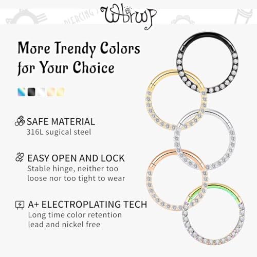 WBRWP 316L Stainless Steel Nose Hoop Rings Clicker with Zircon/Opal 14g-20g | Hypoallergenic Nose Rings Segment Clicker Lip Rings Cartilage Rook Conch Earrings Diameter 5mm-10mm - color: Flat Rose Gold ring with zircon -1pc Pack