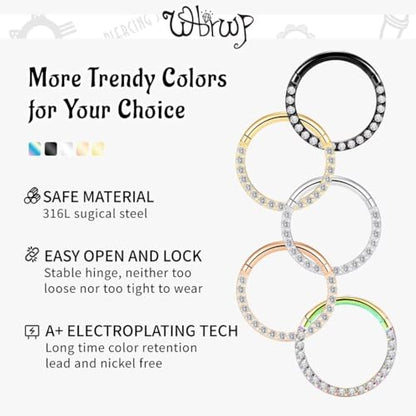 WBRWP 316L Stainless Steel Nose Hoop Rings Clicker with Zircon/Opal 14g-20g | Hypoallergenic Nose Rings Segment Clicker Lip Rings Cartilage Rook Conch Earrings Diameter 5mm-10mm - color: Flat Rose Gold ring with zircon -1pc Pack