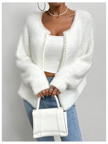 SOLY HUX Women's Fuzzy Open Front Cardigan Elegant Pearl Long Sleeve Dressy Casual Sweaters Outerwear - size: X-Large